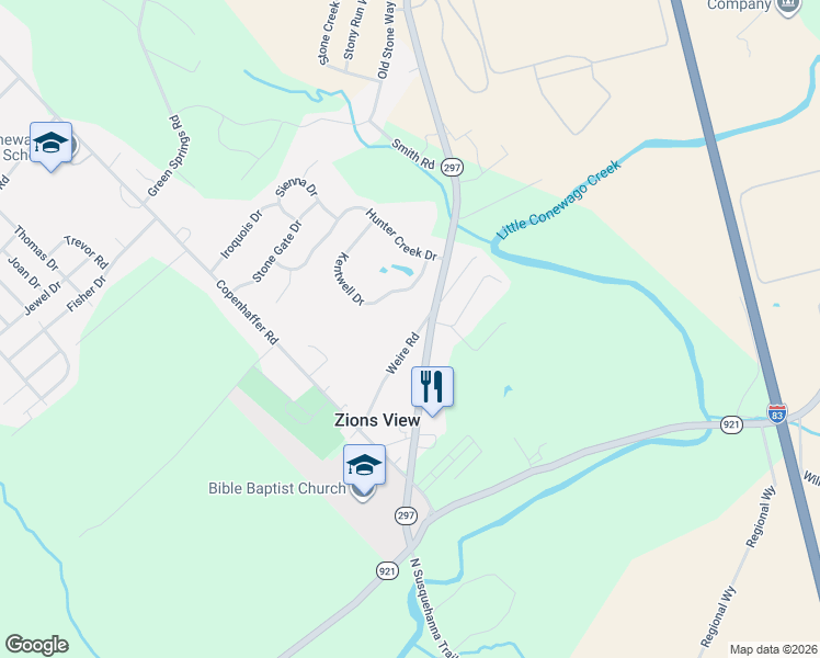 map of restaurants, bars, coffee shops, grocery stores, and more near 105 Weire Road in York