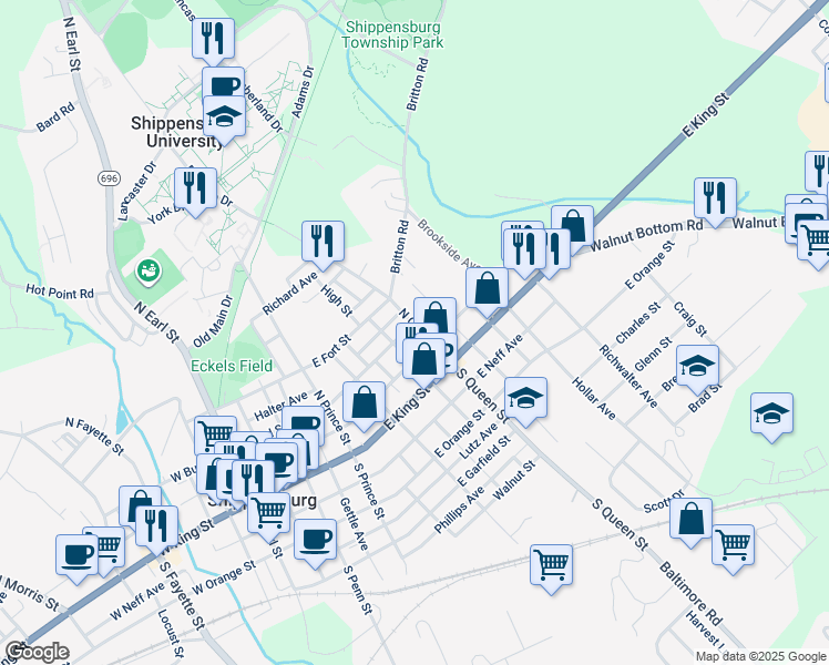 map of restaurants, bars, coffee shops, grocery stores, and more near 27 North Queen Street in Shippensburg