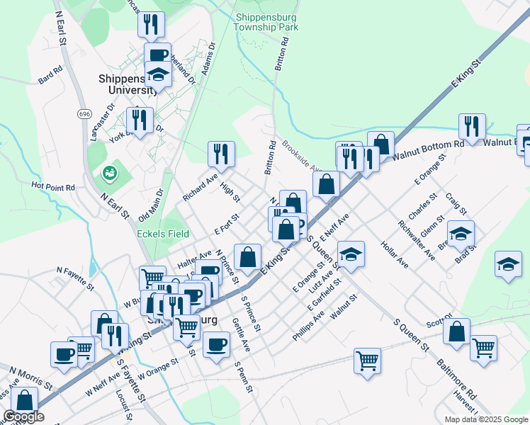 map of restaurants, bars, coffee shops, grocery stores, and more near 344 East Fort Street in Shippensburg