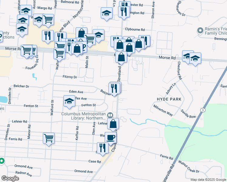 map of restaurants, bars, coffee shops, grocery stores, and more near 4269-4283 Cleveland Avenue in Columbus