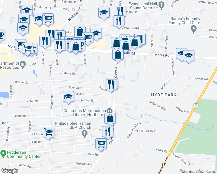 map of restaurants, bars, coffee shops, grocery stores, and more near 4269-4283 Cleveland Avenue in Columbus