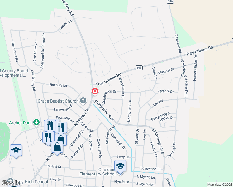 map of restaurants, bars, coffee shops, grocery stores, and more near 1209 Stephenson Drive in Troy