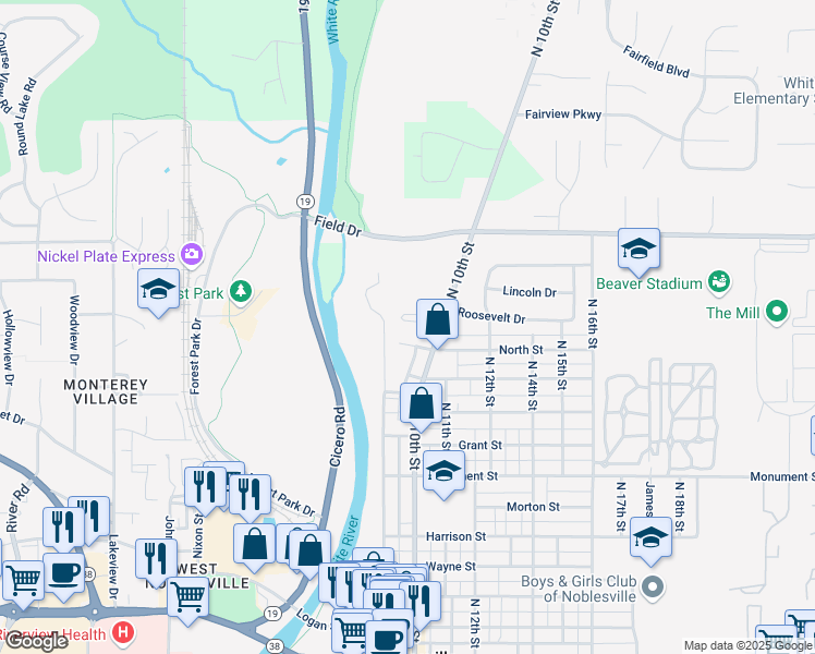 map of restaurants, bars, coffee shops, grocery stores, and more near 1051 North 10th Street in Noblesville