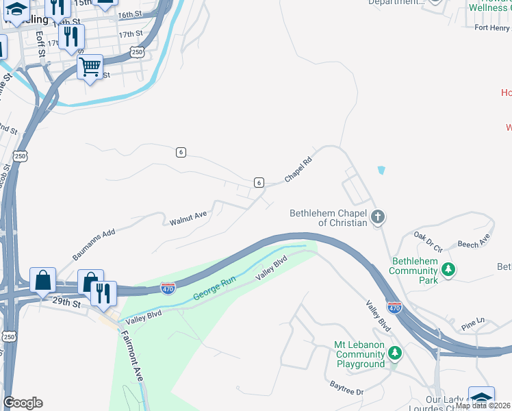 map of restaurants, bars, coffee shops, grocery stores, and more near 13 Highland Lane in Wheeling