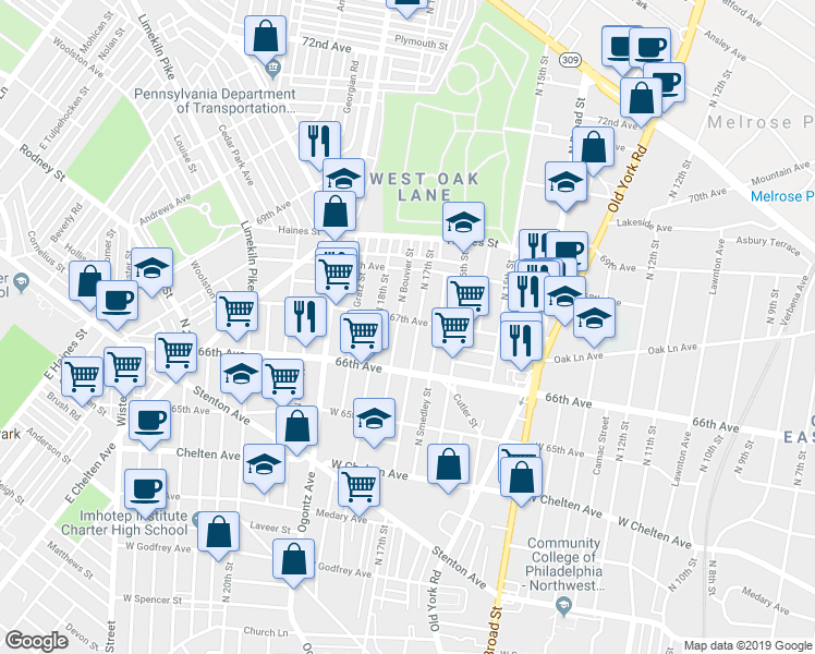 map of restaurants, bars, coffee shops, grocery stores, and more near 1708 67th Avenue in Philadelphia