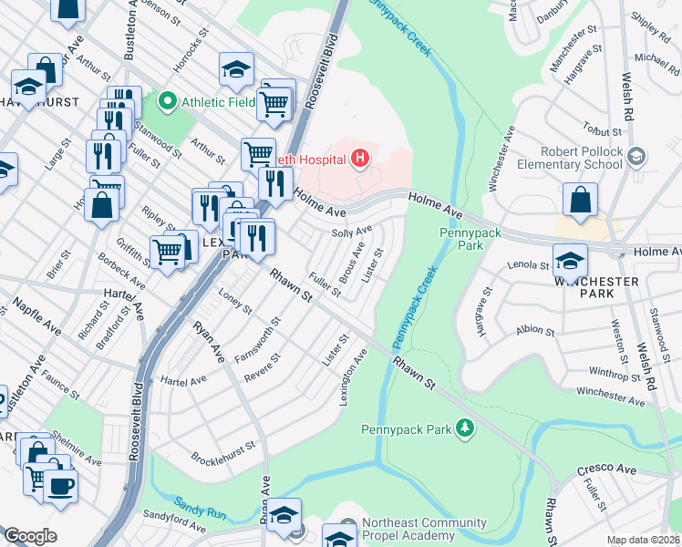 map of restaurants, bars, coffee shops, grocery stores, and more near 8121 Revere Street in Philadelphia