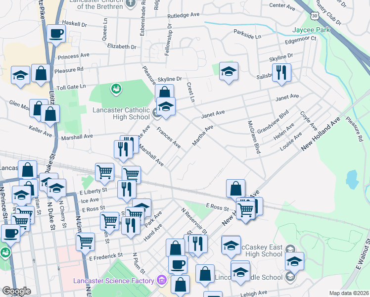map of restaurants, bars, coffee shops, grocery stores, and more near 1017 Frances Avenue in Lancaster