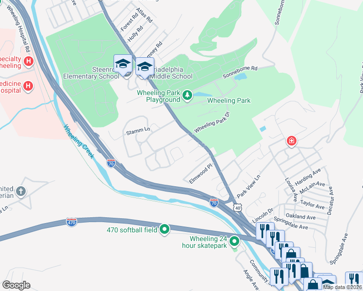 map of restaurants, bars, coffee shops, grocery stores, and more near 13-17 Hubbard Drive in Wheeling
