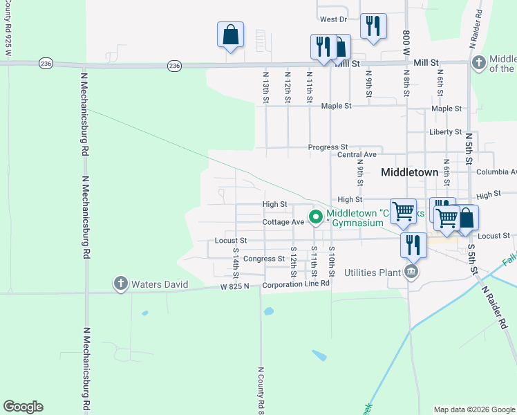 map of restaurants, bars, coffee shops, grocery stores, and more near 303 North 13th Street in Middletown
