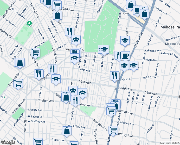 map of restaurants, bars, coffee shops, grocery stores, and more near 1708 67th Avenue in Philadelphia