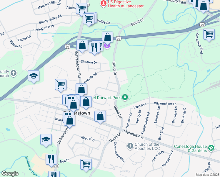 map of restaurants, bars, coffee shops, grocery stores, and more near 106 Parklawn Court in Lancaster