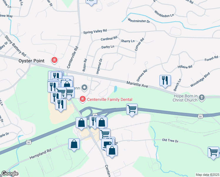 map of restaurants, bars, coffee shops, grocery stores, and more near 60 Peacock Drive in Lancaster