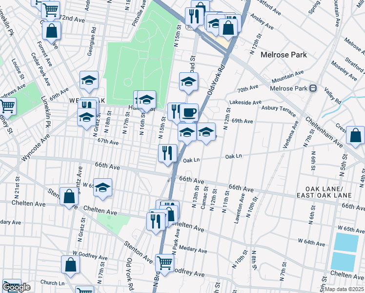 map of restaurants, bars, coffee shops, grocery stores, and more near 6727 North Broad Street in Philadelphia