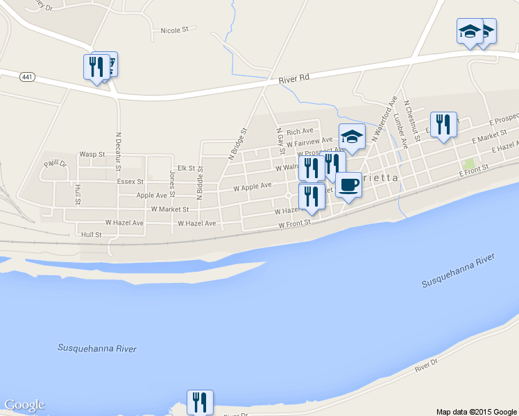 map of restaurants, bars, coffee shops, grocery stores, and more near 255 W Market St in Marietta