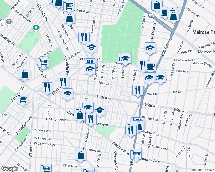 map of restaurants, bars, coffee shops, grocery stores, and more near 1721 67th Avenue in Philadelphia