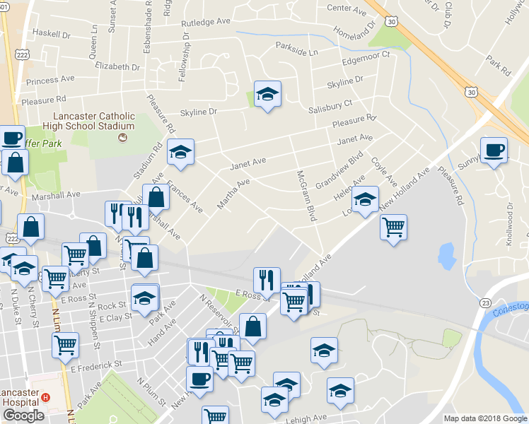 map of restaurants, bars, coffee shops, grocery stores, and more near 798 Fountain Avenue in Lancaster