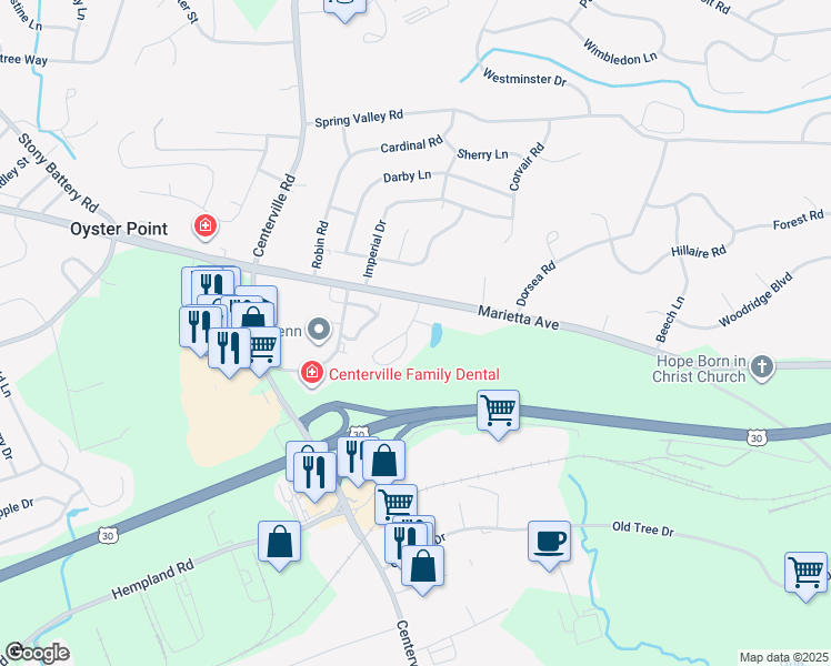 map of restaurants, bars, coffee shops, grocery stores, and more near 60 Peacock Drive in Lancaster