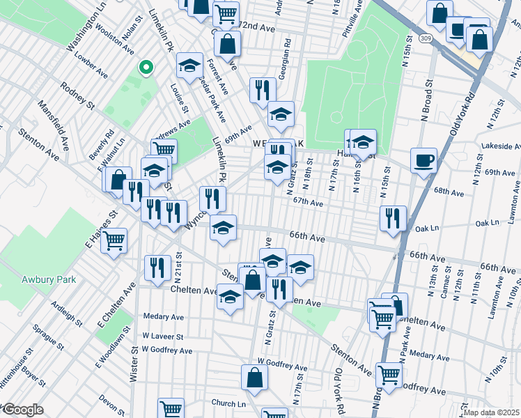 map of restaurants, bars, coffee shops, grocery stores, and more near 6637 North Uber Street in Philadelphia