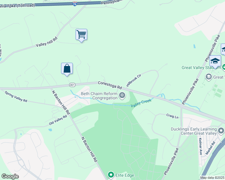 map of restaurants, bars, coffee shops, grocery stores, and more near 407 Conestoga Road in Malvern