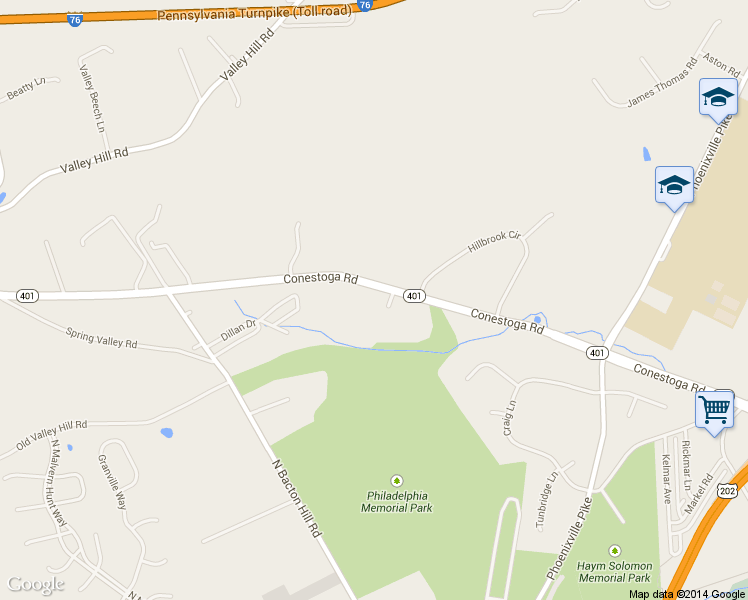 map of restaurants, bars, coffee shops, grocery stores, and more near 407 Conestoga Road in Malvern