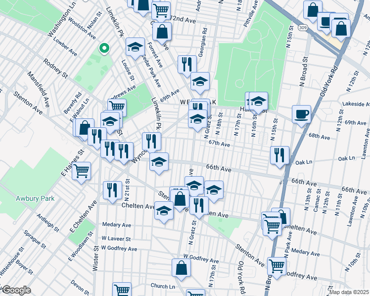 map of restaurants, bars, coffee shops, grocery stores, and more near 6637 North Uber Street in Philadelphia