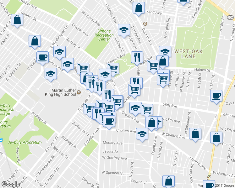 map of restaurants, bars, coffee shops, grocery stores, and more near 6626 North 21st Street in Philadelphia