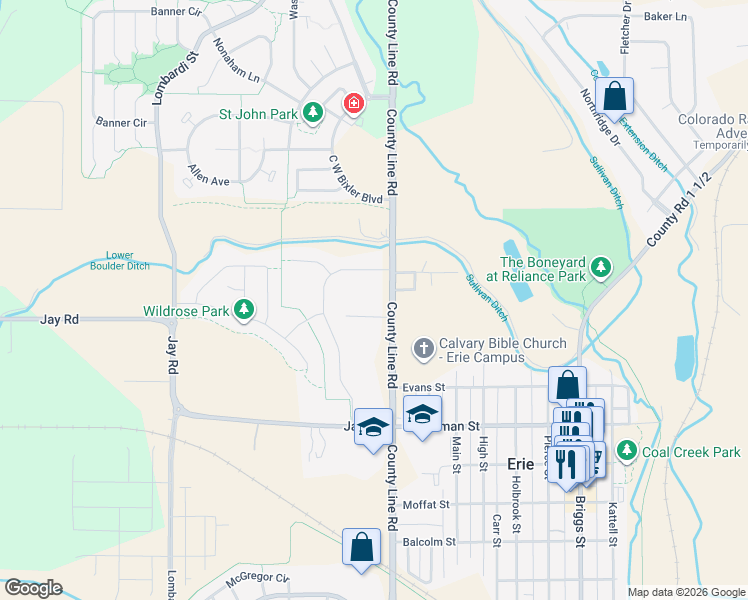map of restaurants, bars, coffee shops, grocery stores, and more near 4433 Northeast County Line Road in Erie