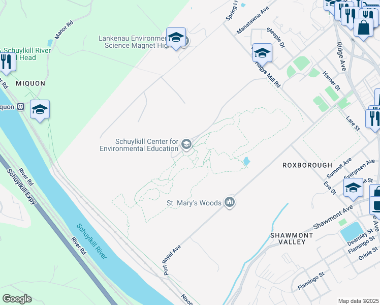 map of restaurants, bars, coffee shops, grocery stores, and more near 101 Spring Lane in Philadelphia