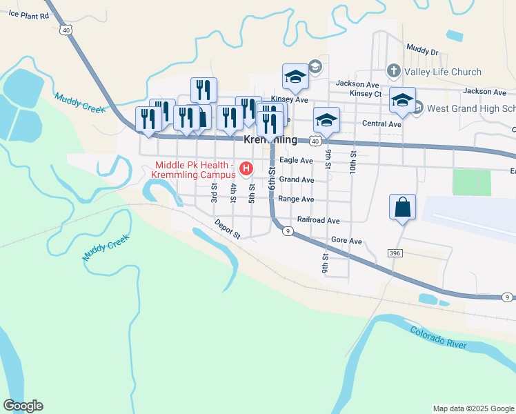 map of restaurants, bars, coffee shops, grocery stores, and more near 503-599 Range Avenue in Kremmling