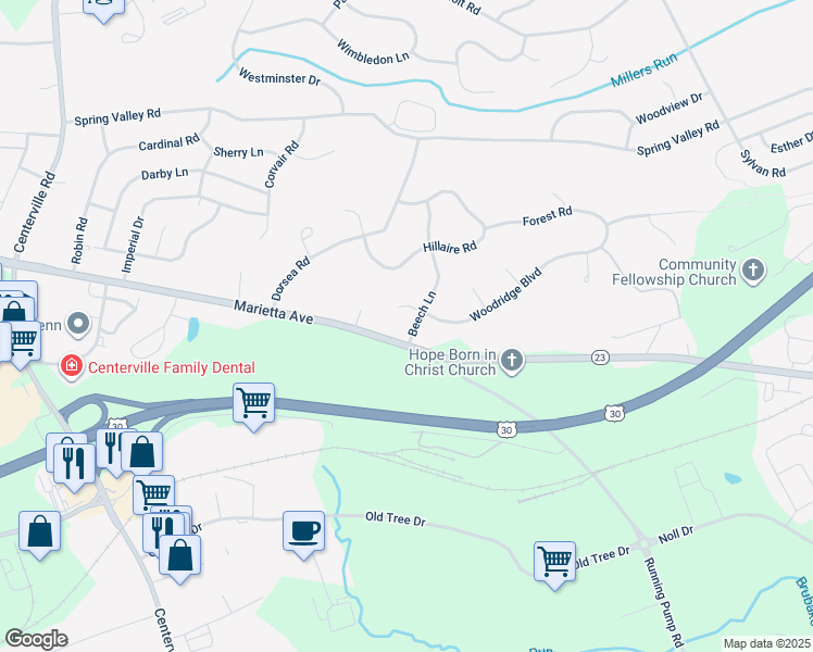 map of restaurants, bars, coffee shops, grocery stores, and more near 2652 Beech Lane in Lancaster