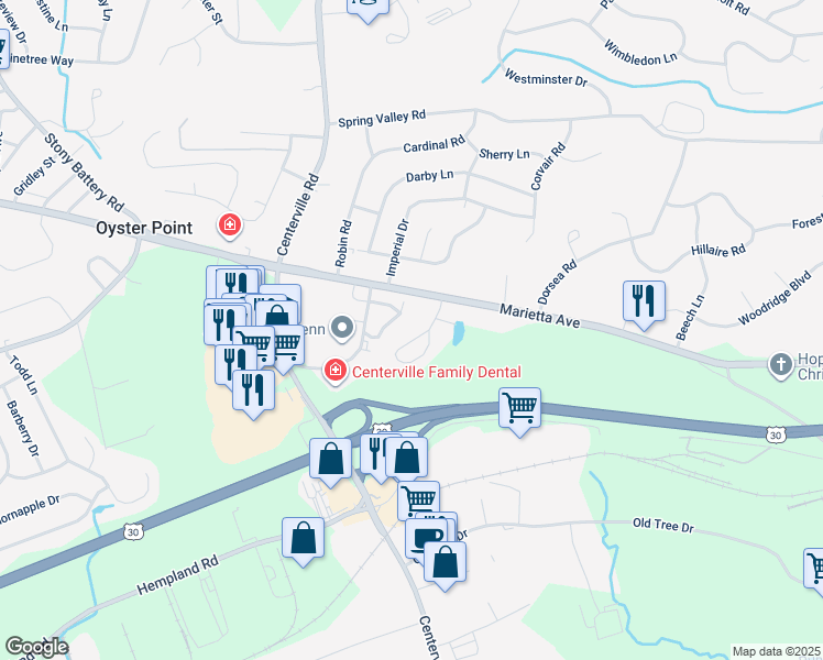 map of restaurants, bars, coffee shops, grocery stores, and more near 20 Peacock Drive in Lancaster
