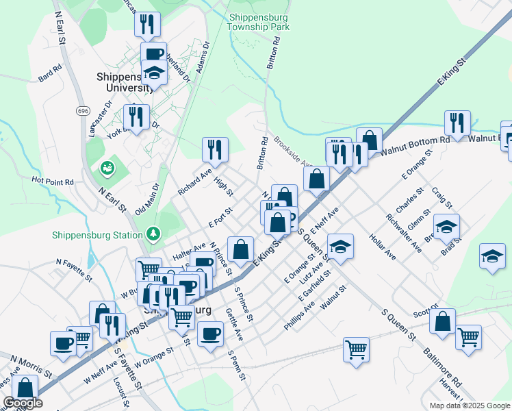 map of restaurants, bars, coffee shops, grocery stores, and more near 339 East Burd Street in Shippensburg