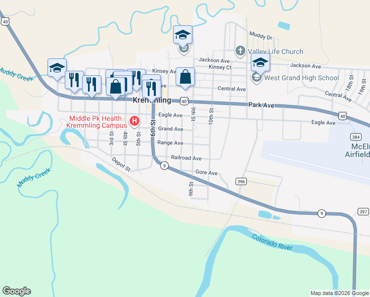 map of restaurants, bars, coffee shops, grocery stores, and more near 801 Range Avenue in Kremmling