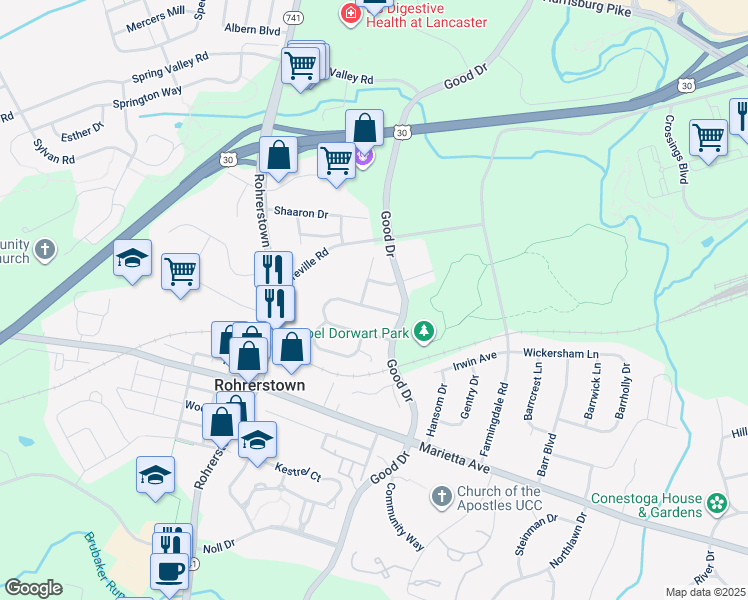 map of restaurants, bars, coffee shops, grocery stores, and more near 106 Parklawn Court in Lancaster