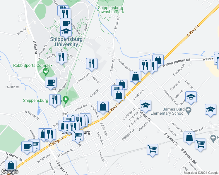 map of restaurants, bars, coffee shops, grocery stores, and more near 339 East Burd Street in Shippensburg