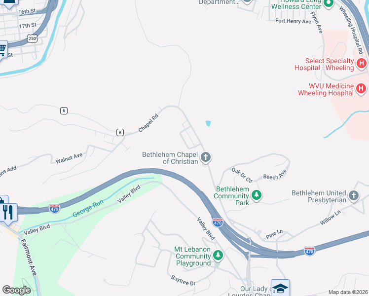 map of restaurants, bars, coffee shops, grocery stores, and more near 7 Rocks Avenue in Wheeling