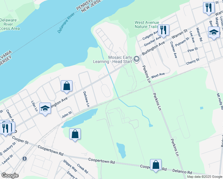 map of restaurants, bars, coffee shops, grocery stores, and more near 21 Tieman Circle in Delanco