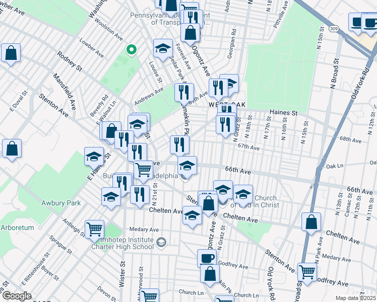 map of restaurants, bars, coffee shops, grocery stores, and more near 6633 Limekiln Pike in Philadelphia