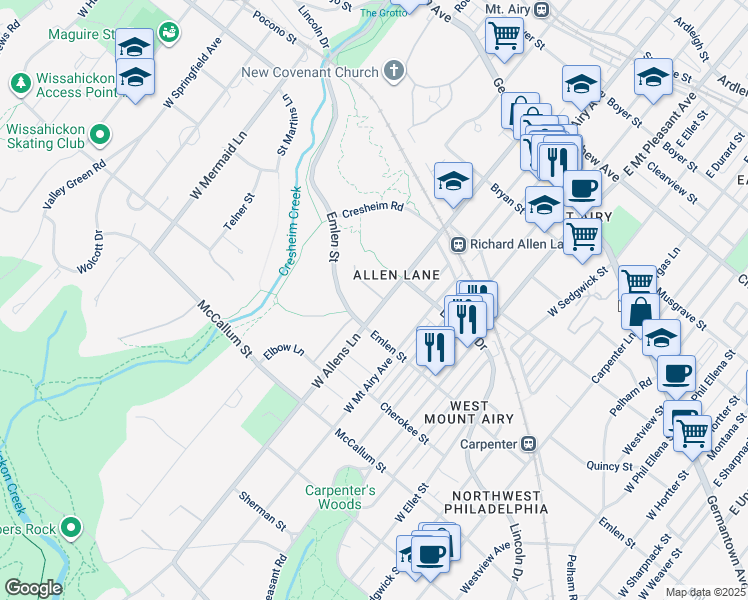 map of restaurants, bars, coffee shops, grocery stores, and more near 325 West Allens Lane in Philadelphia
