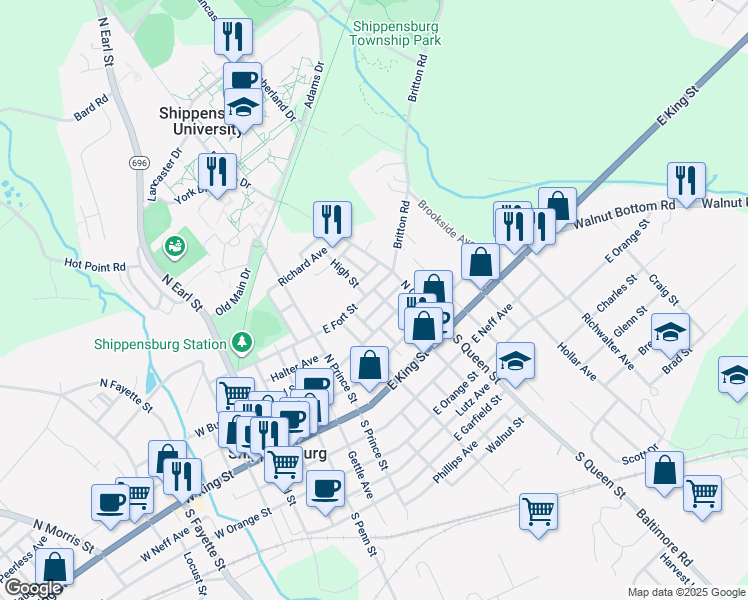 map of restaurants, bars, coffee shops, grocery stores, and more near 328 East Fort Street in Shippensburg
