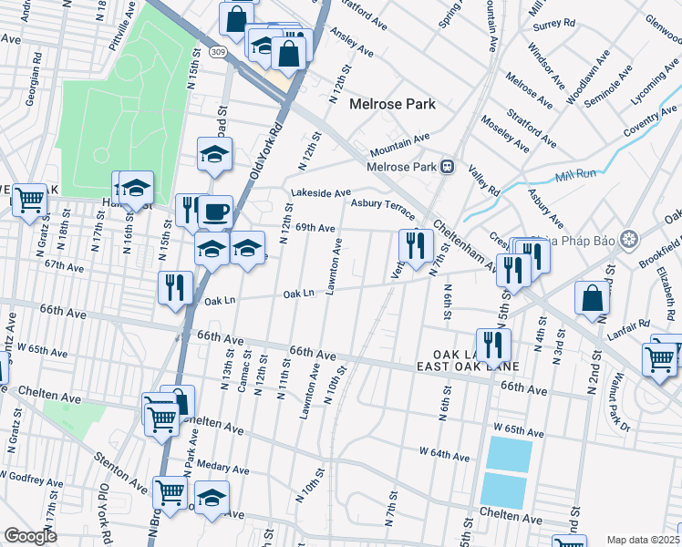 map of restaurants, bars, coffee shops, grocery stores, and more near 6715 Lawnton Avenue in Philadelphia