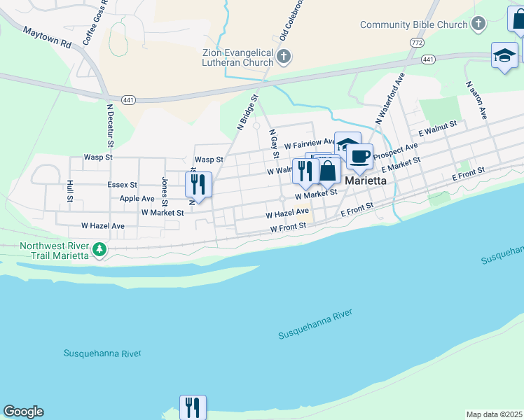 map of restaurants, bars, coffee shops, grocery stores, and more near 241 West Market Street in Marietta