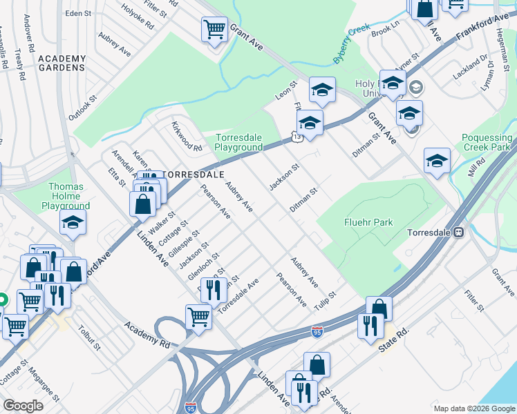 map of restaurants, bars, coffee shops, grocery stores, and more near 4505 Aubrey Avenue in Philadelphia