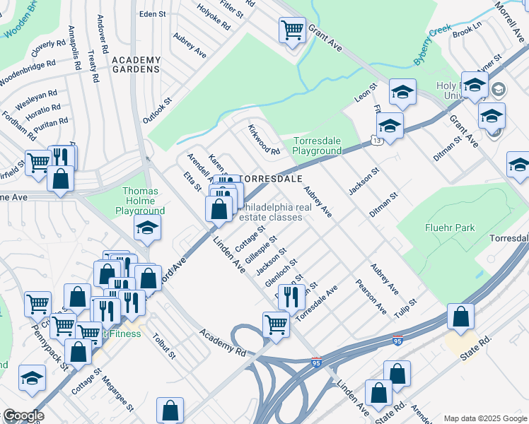 map of restaurants, bars, coffee shops, grocery stores, and more near 9317 Walker Street in Philadelphia