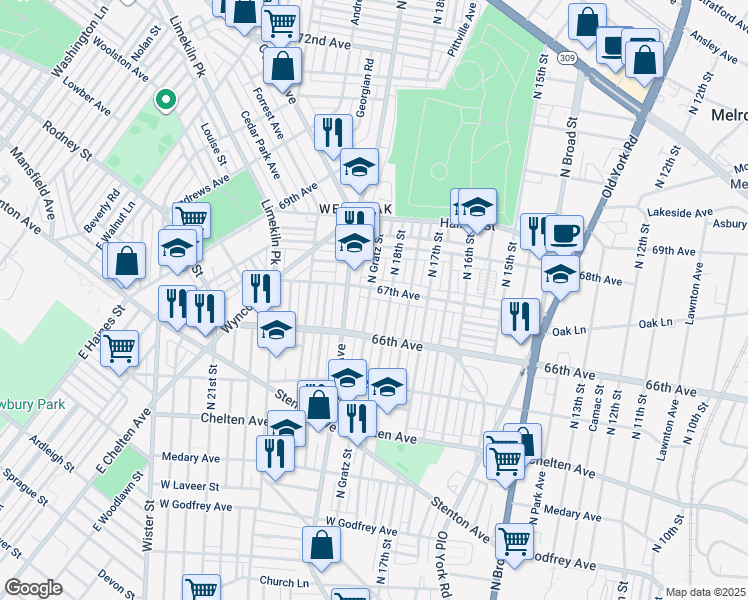 map of restaurants, bars, coffee shops, grocery stores, and more near 6649 North Gratz Street in Philadelphia