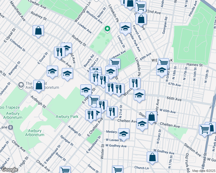 map of restaurants, bars, coffee shops, grocery stores, and more near 2153 Eastburn Avenue in Philadelphia