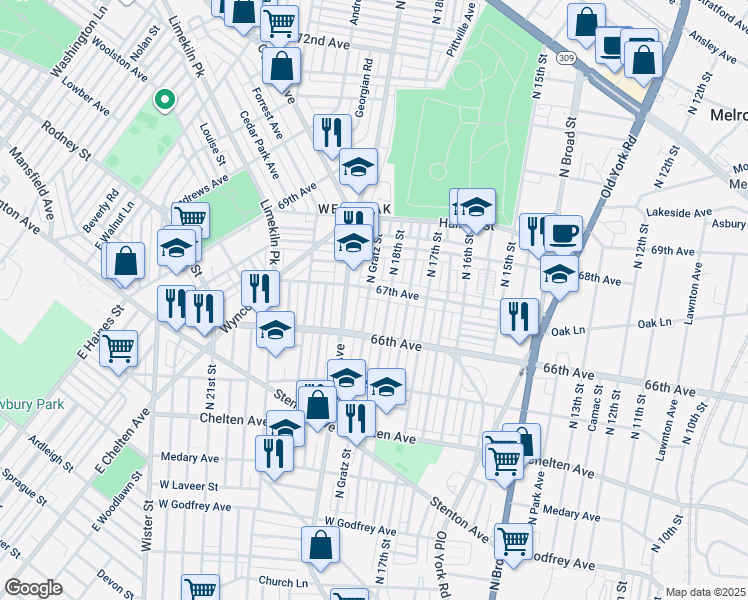 map of restaurants, bars, coffee shops, grocery stores, and more near 6649 North Gratz Street in Philadelphia