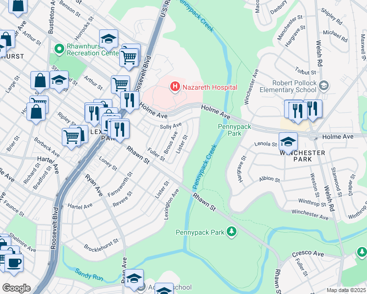 map of restaurants, bars, coffee shops, grocery stores, and more near 8134 Lister Street in Philadelphia