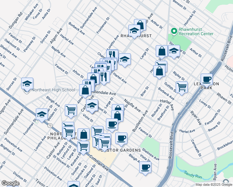map of restaurants, bars, coffee shops, grocery stores, and more near 2101 Glendale Avenue in Philadelphia