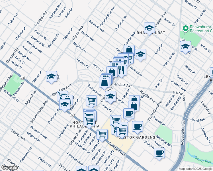 map of restaurants, bars, coffee shops, grocery stores, and more near 900 Glendale Avenue in Philadelphia